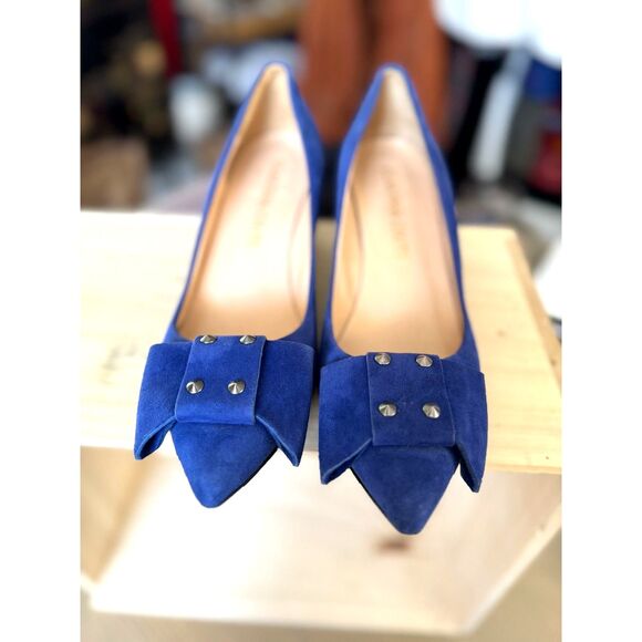 Claudia Ciuti 100% Suede Leather Cobalt Blue Silver Studed Bow Kitten Heels SZ 7 - Picture 1 of 9